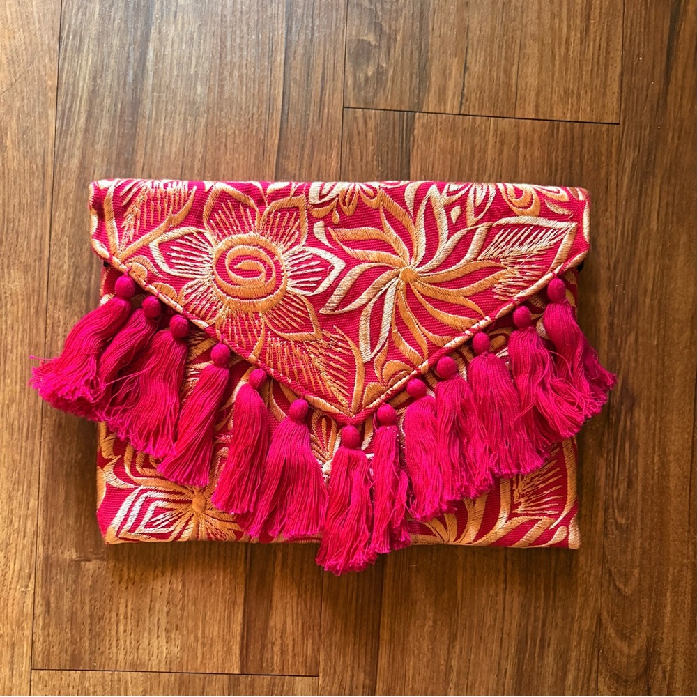 Mexican Artisan Embroidered Hot Pink and Gold Floral Tassel Cross Body Bag NEW